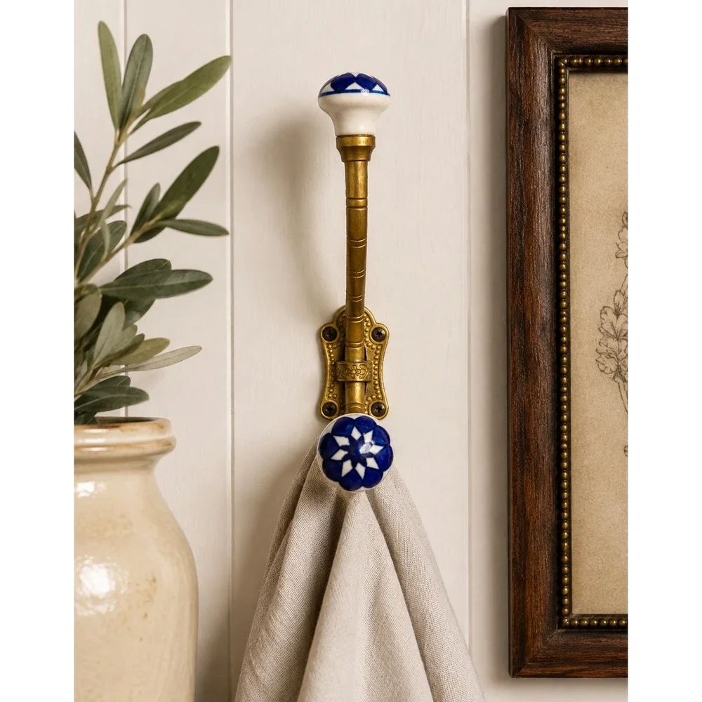 Vtg Gold Tone Double Wall Hook Blue White Ceramic Porcelain Knobs Coat Towel